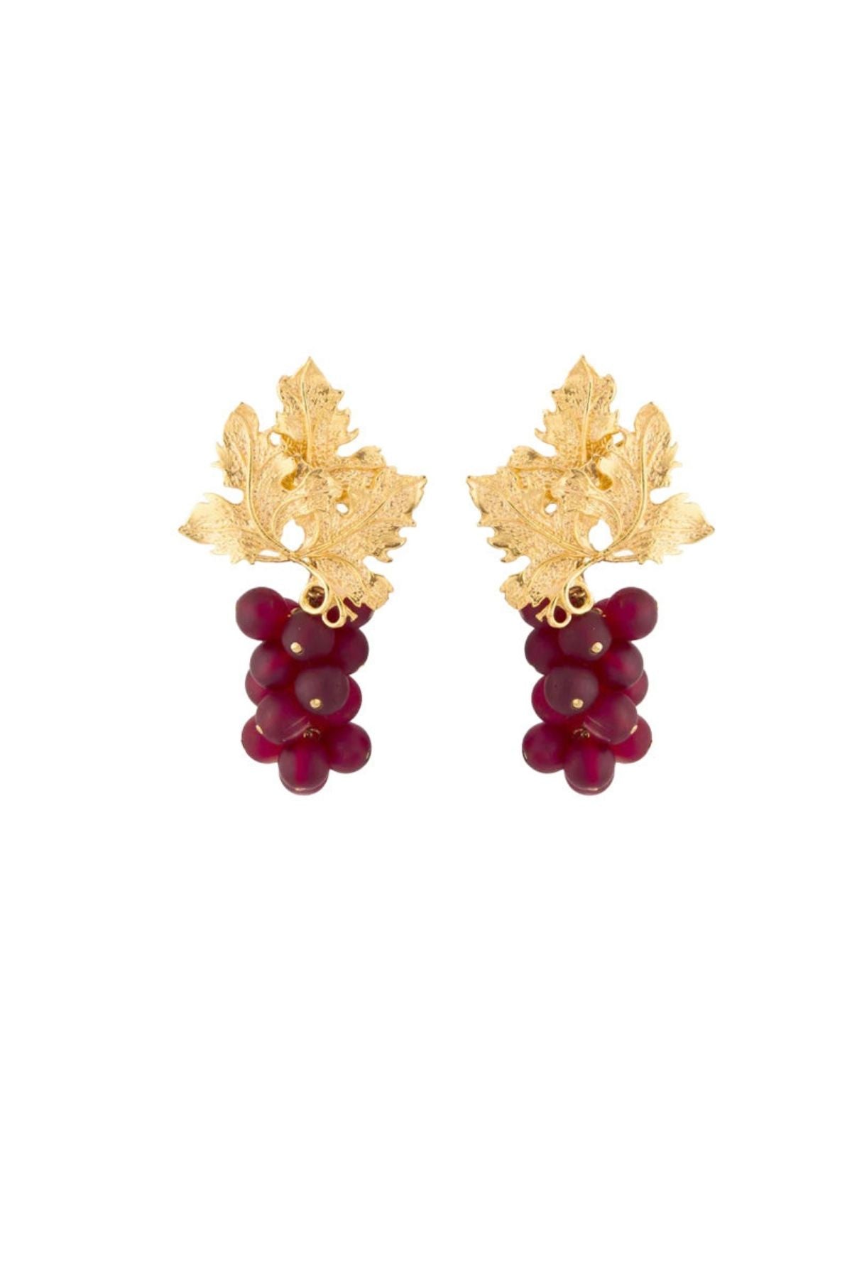 Gold leaf and red berry earrings on a white background