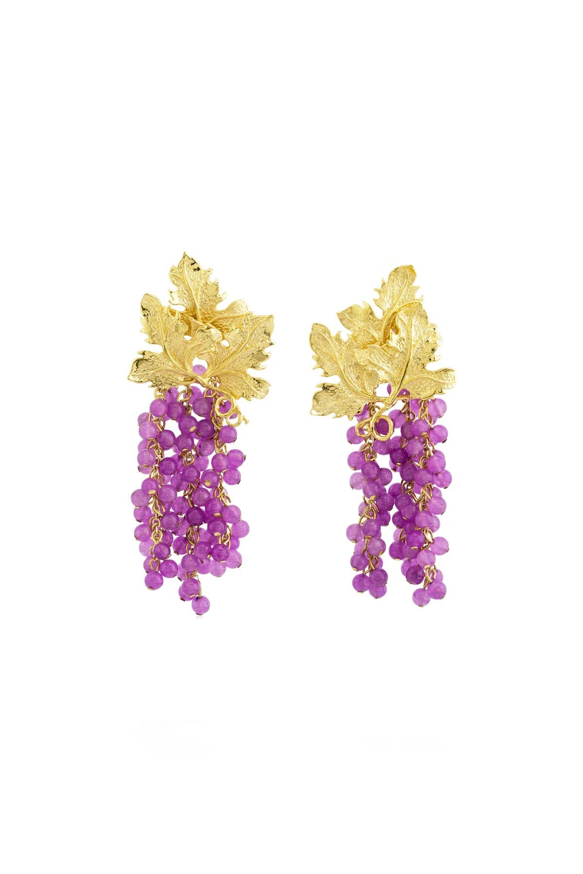 A pair of gold-plated earrings with leaf-shaped tops and red jade stone clusters