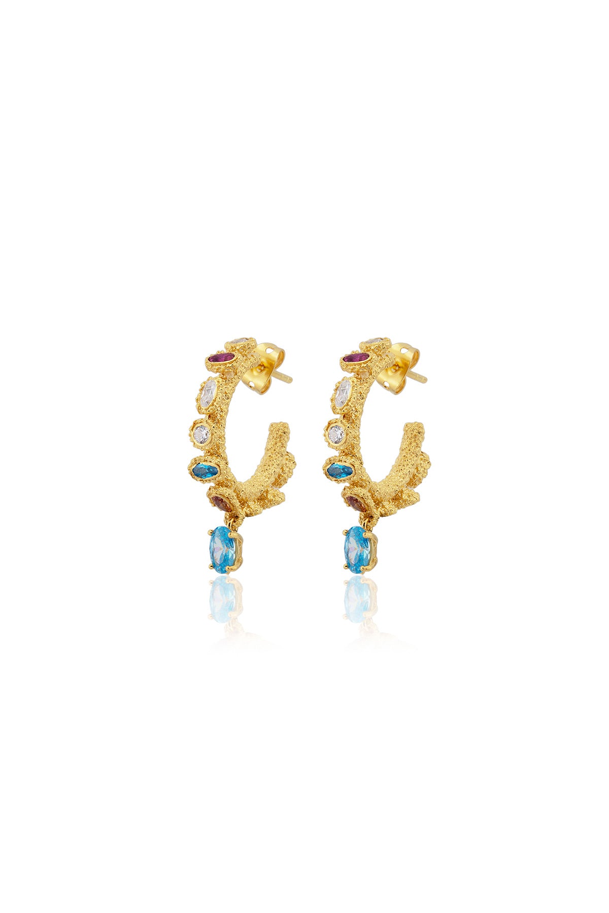 A pair of gold-plated silver earrings featuring swarovski crystals in a hoop design with a pin closure.