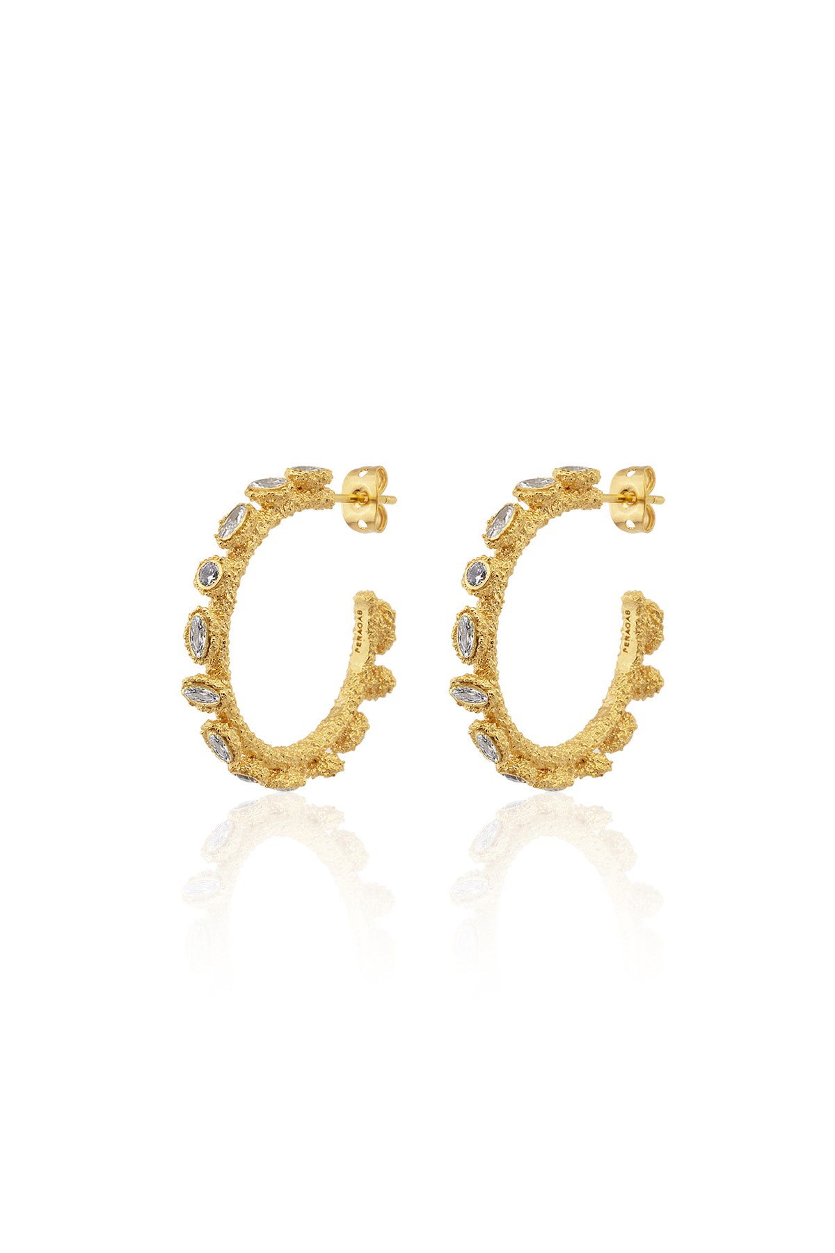 A pair of gold-plated silver earrings with swarovski crystals in a hoop design, featuring a pin closure.