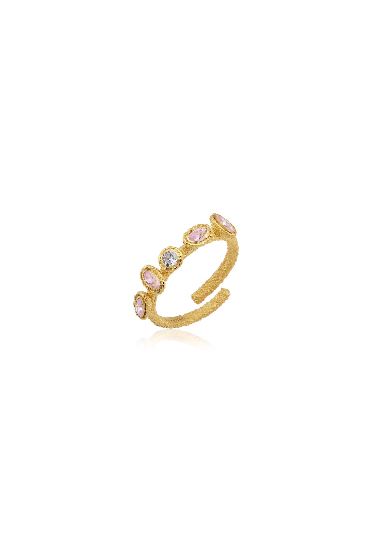 A gold-colored ring with adjustable band and multicolored stones around the circumference.