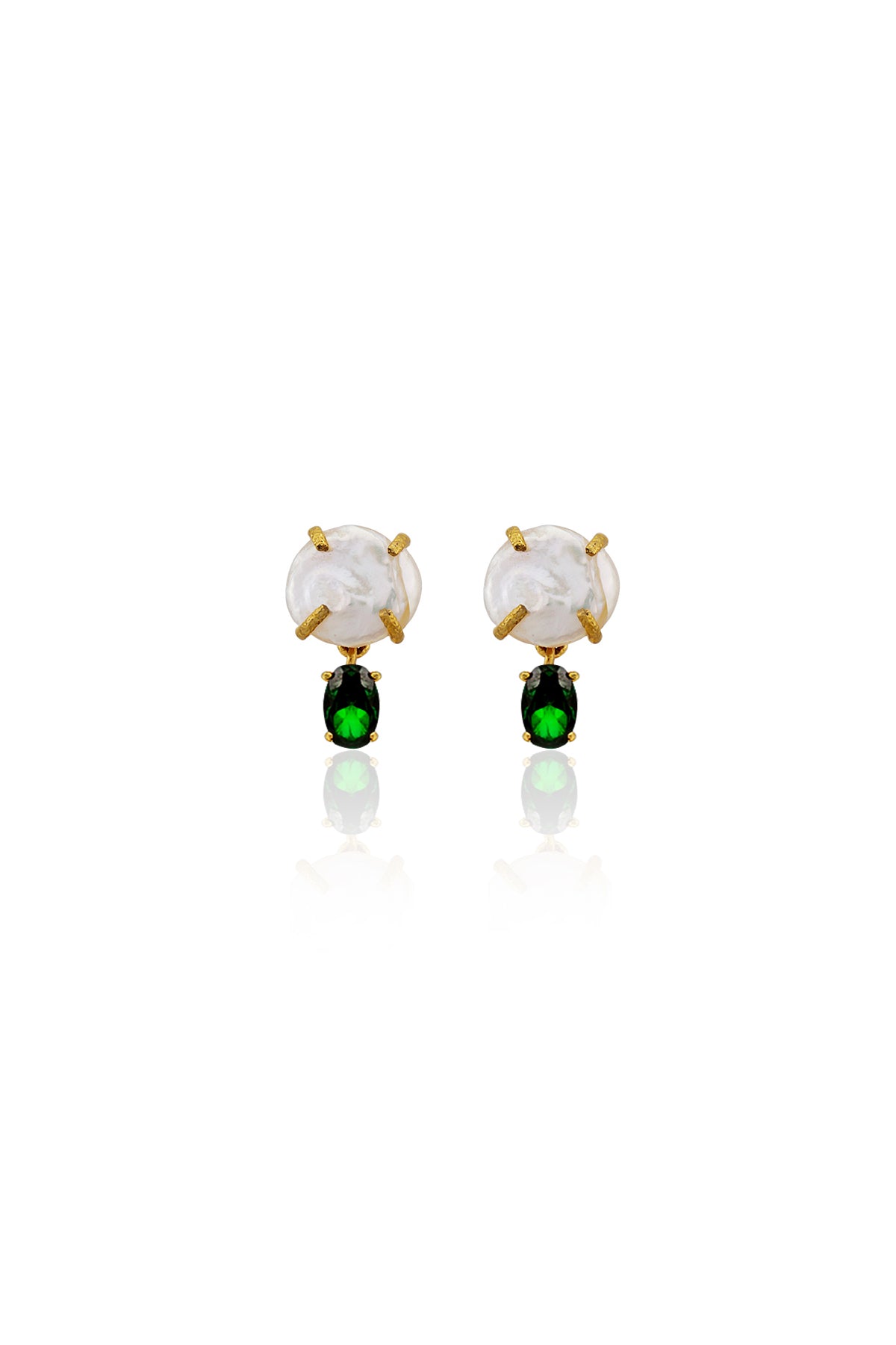 Pair of earrings with white stones and green gemstones on a white background