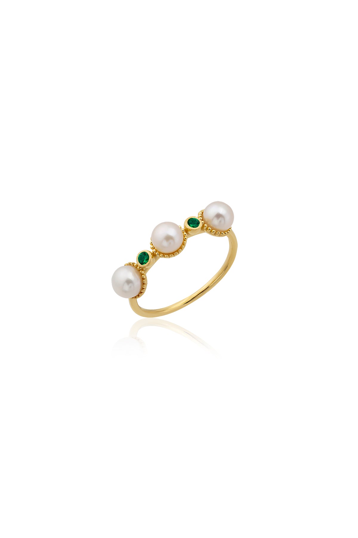 A gold-colored ring with baroque pearl inlays and small red Swarovski crystals, displayed against a white background