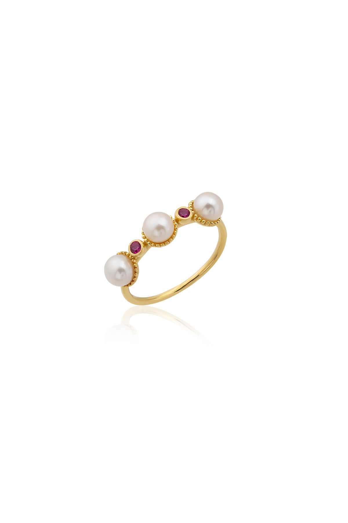 A gold-colored ring with baroque pearl inlays and small red Swarovski crystals, displayed against a white background