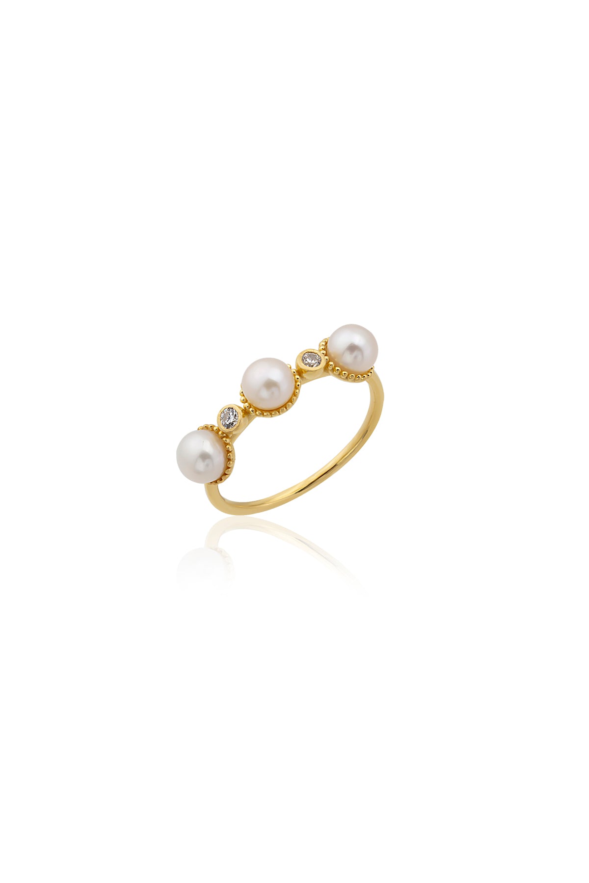 A gold-colored ring with baroque pearl inlays and small red Swarovski crystals, displayed against a white background