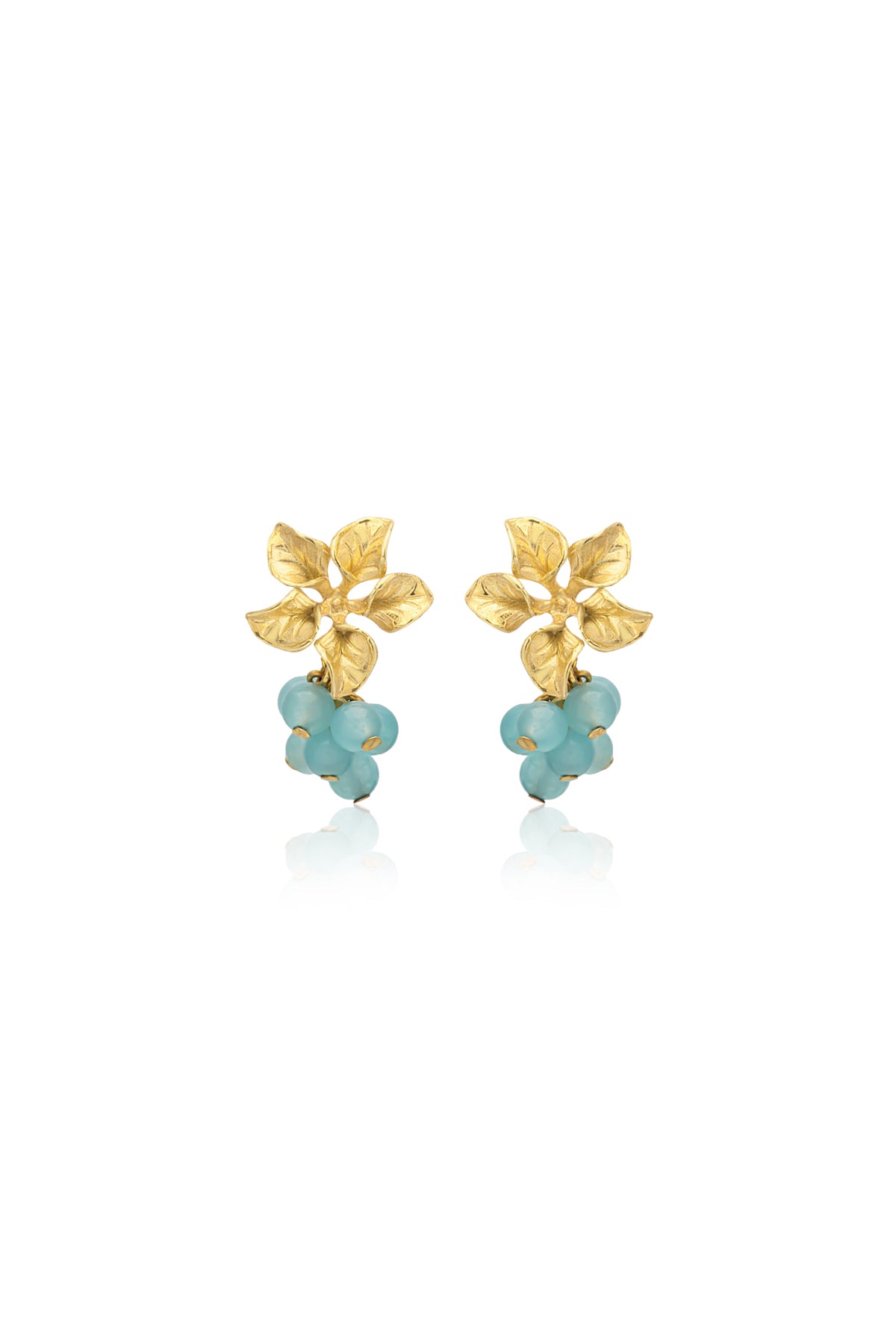 A pair of gold-plated earrings with baroque pearl and jade stone accents.