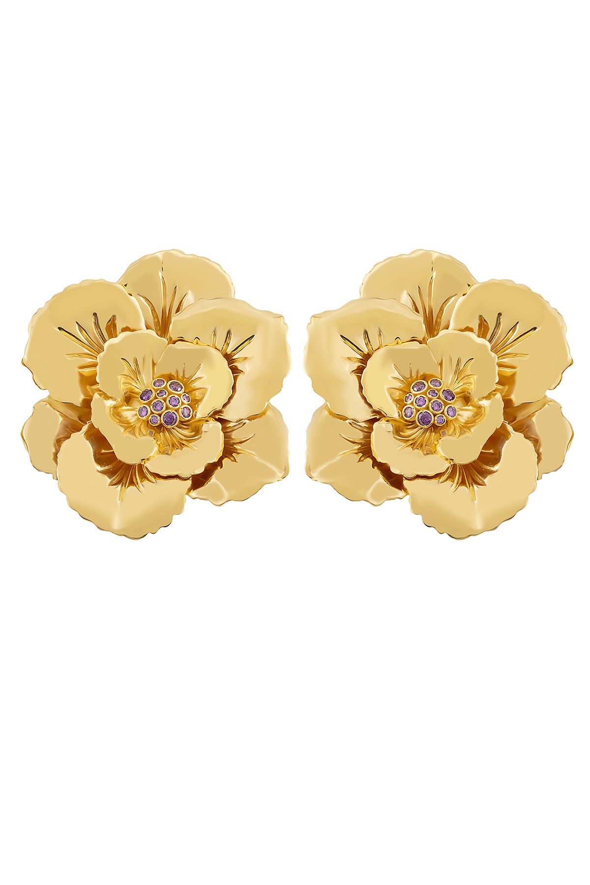 A pair of gold-colored floral design earrings with a pin closure.