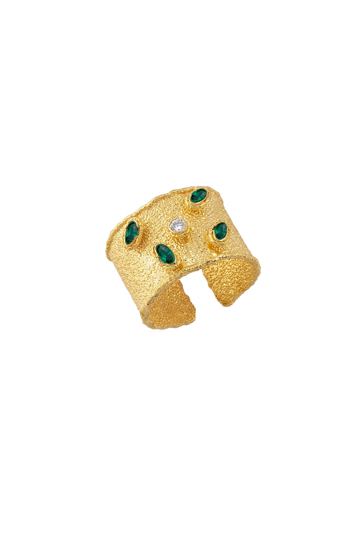 A gold-colored adjustable ring with multicolored Swarovski crystals on it.