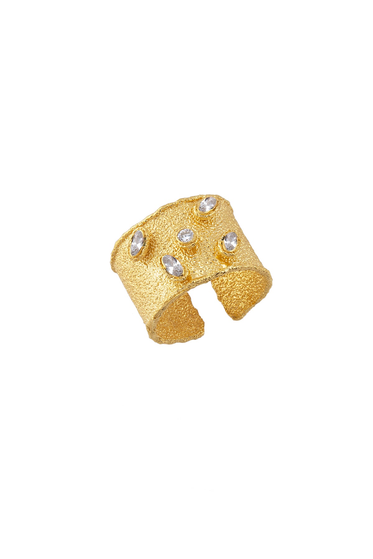 A gold-colored adjustable ring with multicolored Swarovski crystals on it.