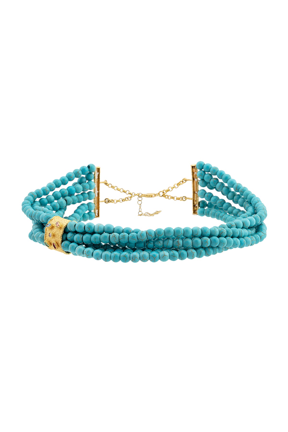 A gold-plated choker necklace with blue chalchuite stones and Swarovski crystals, featuring a slide-in clasp.