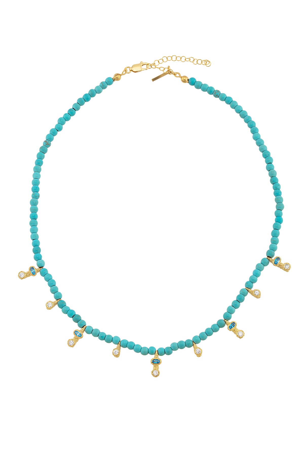 A gold-plated necklace with rose quartz stones and small gold charms, displayed against a white background.