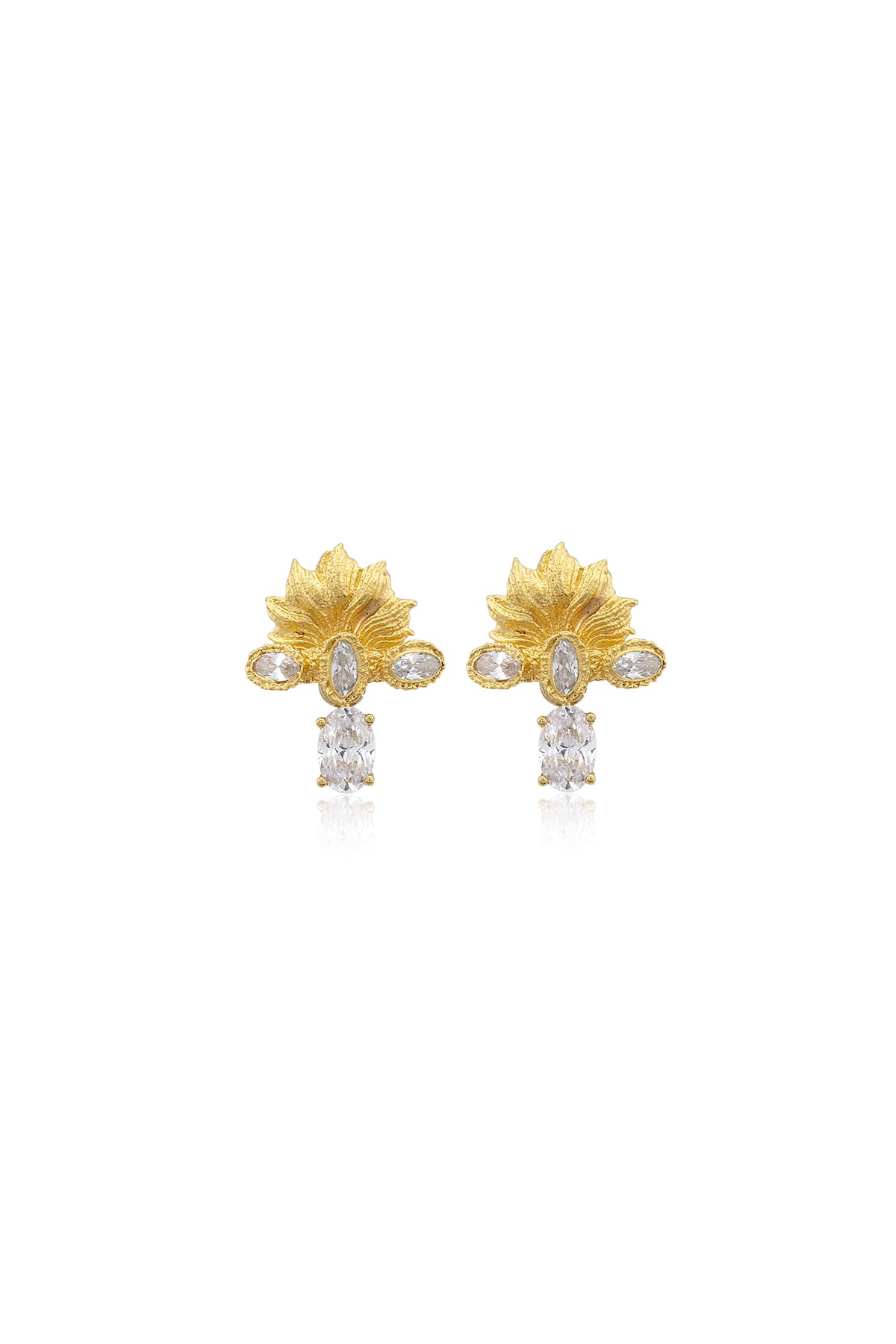 A pair of gold-plated bronze earrings with green Swarovski crystals and a pin closure.