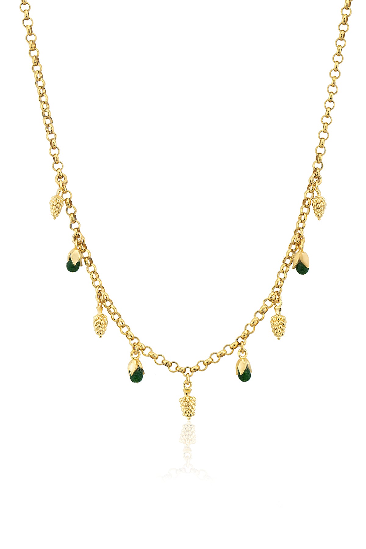 A gold-plated necklace featuring baroque pearl and jade stone pendants on a chain.