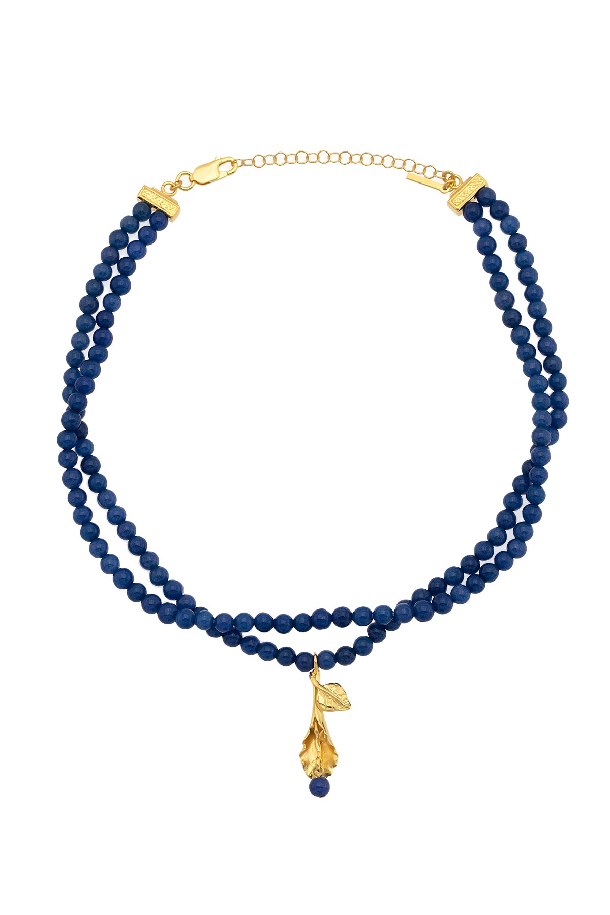 A two-strand blue jade stone necklace with gold plating and a gold-colored pendant