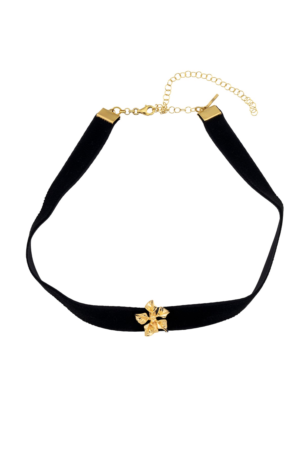 A black velvet rope necklace with a 24k gold plated bronze pendant, featuring gold-tone cap ends and a clasp.
