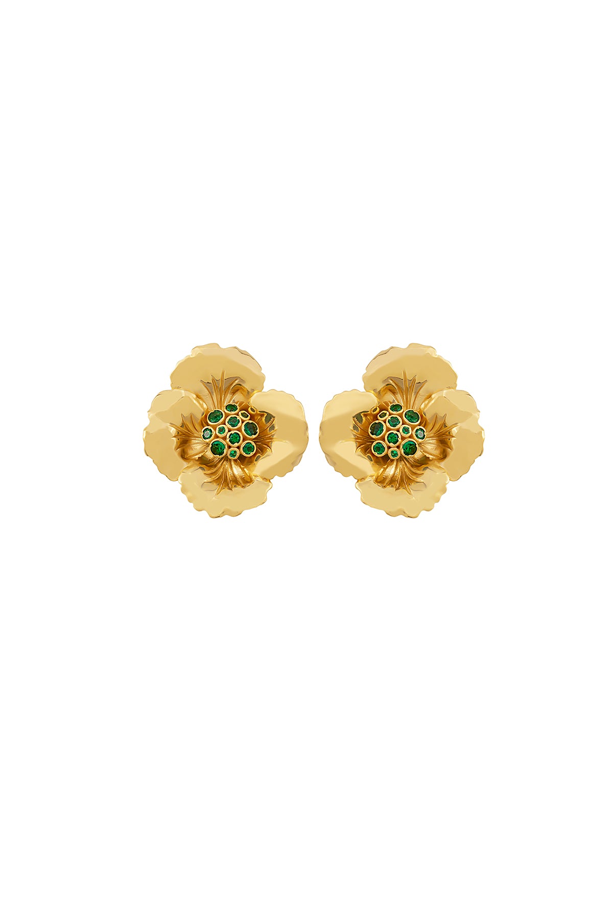 A pair of gold-plated bronze earrings with floral designs and green Swarovski crystals in the center, closed with a pin mechanism.