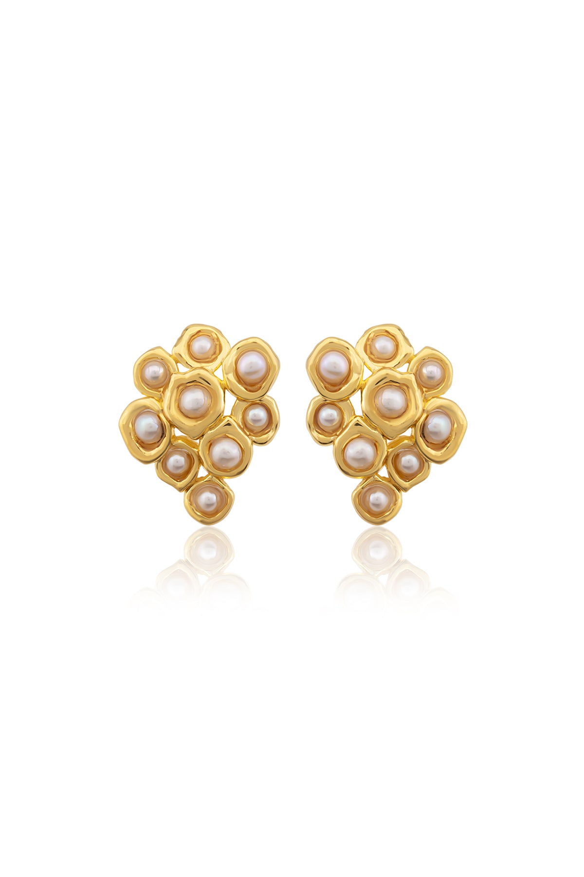 A pair of gold-plated bronze baroque pearl earrings with a pin closure.