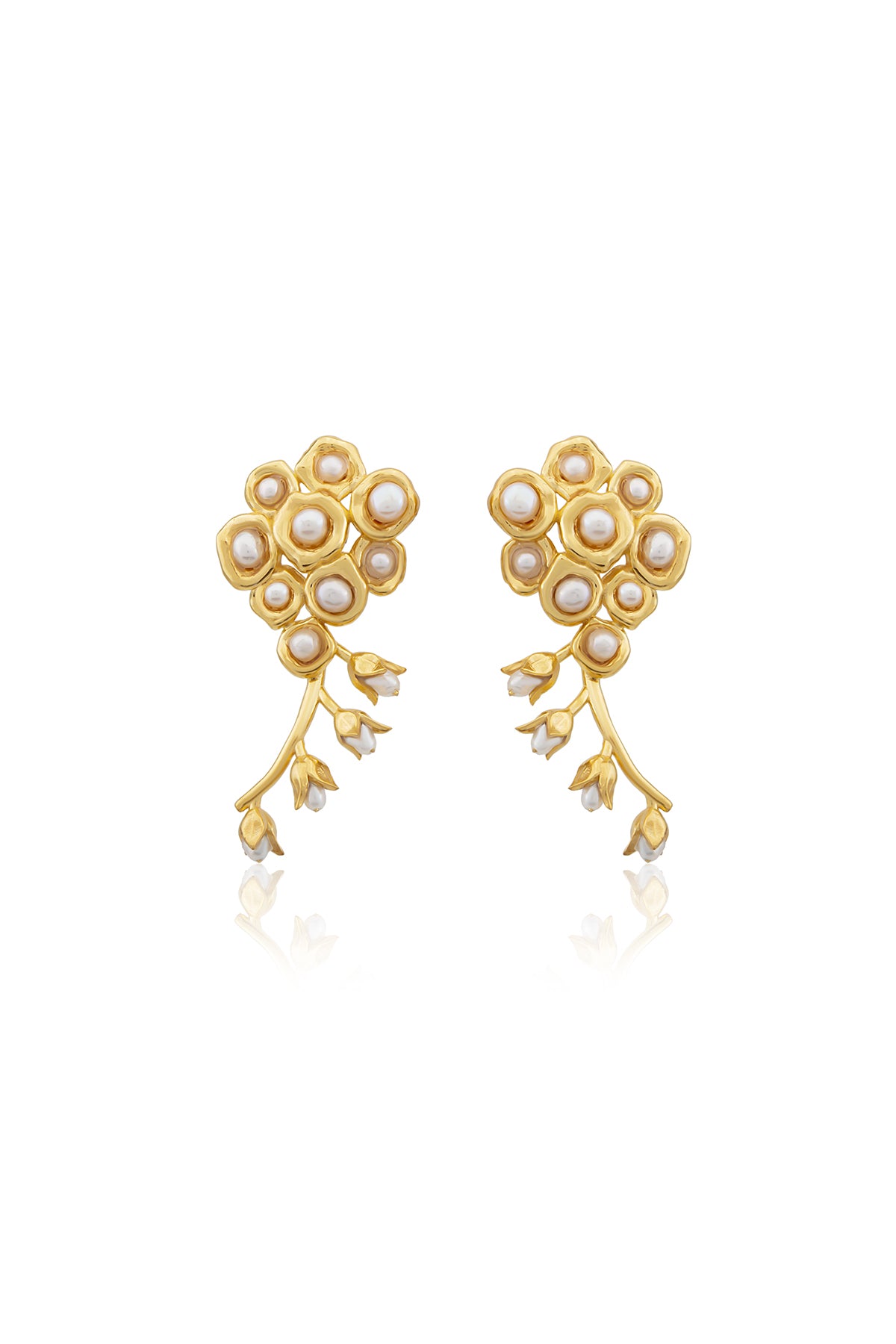 A pair of gold-plated bronze earrings with baroque pearls and a pin closure.