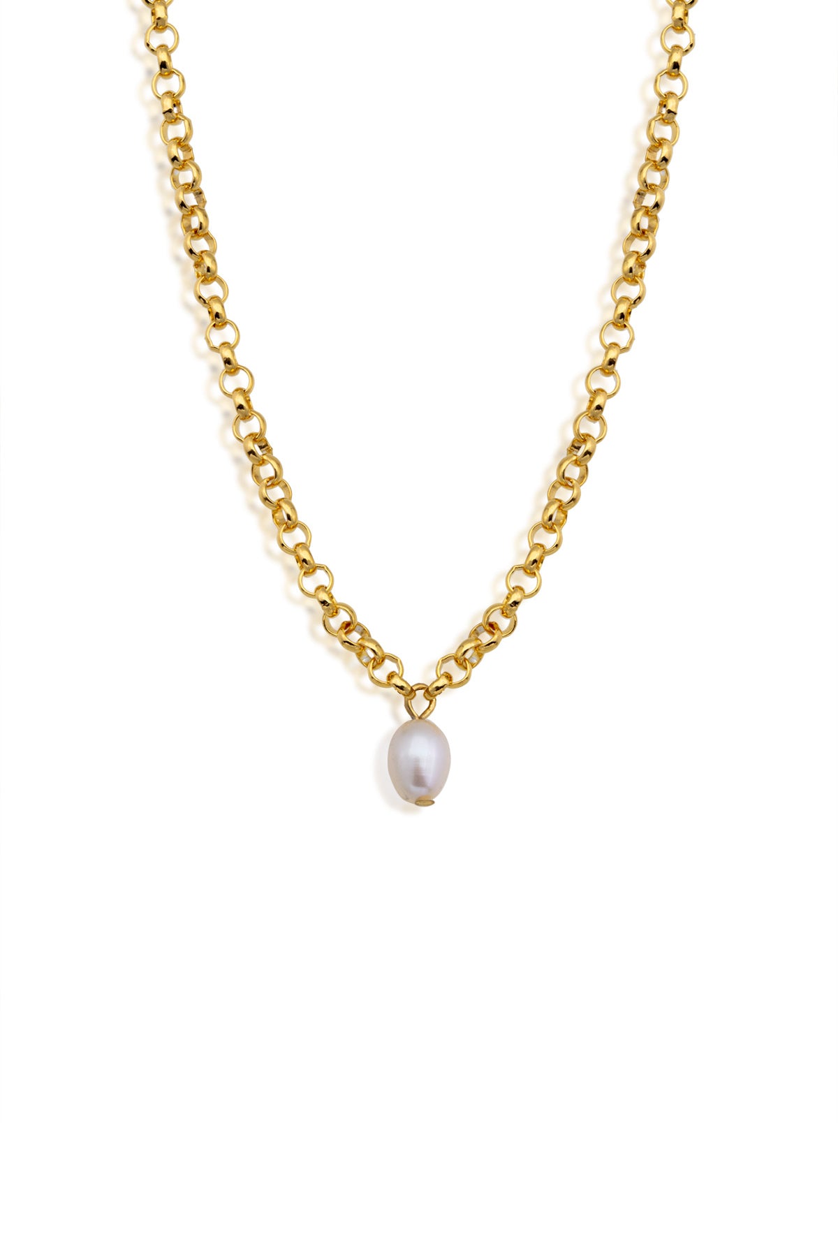 A gold-plated necklace with a bronze chain and a single baroque pearl pendant centered on the chest length.