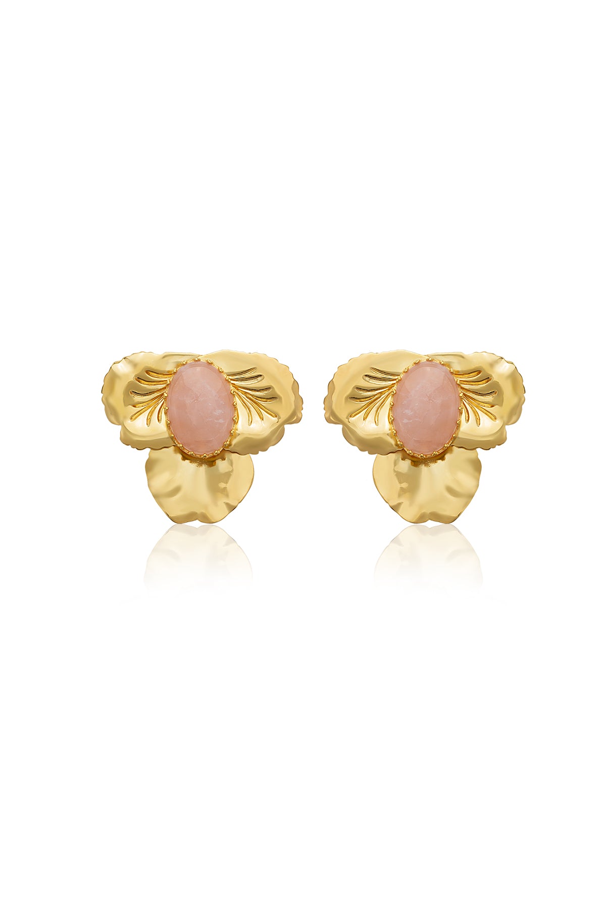 A pair of gold-colored earrings with bronze quartz stones, featuring a floral design and clip-on closure.