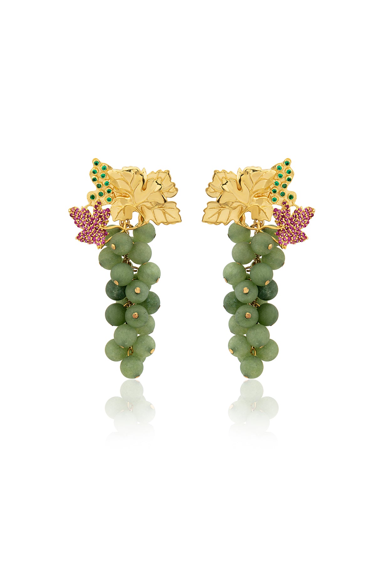 A pair of 24k gold plated bronze earrings featuring green jade stones and pink Swarovski crystals with a floral design at the top, attached to the ear with a pin closure.