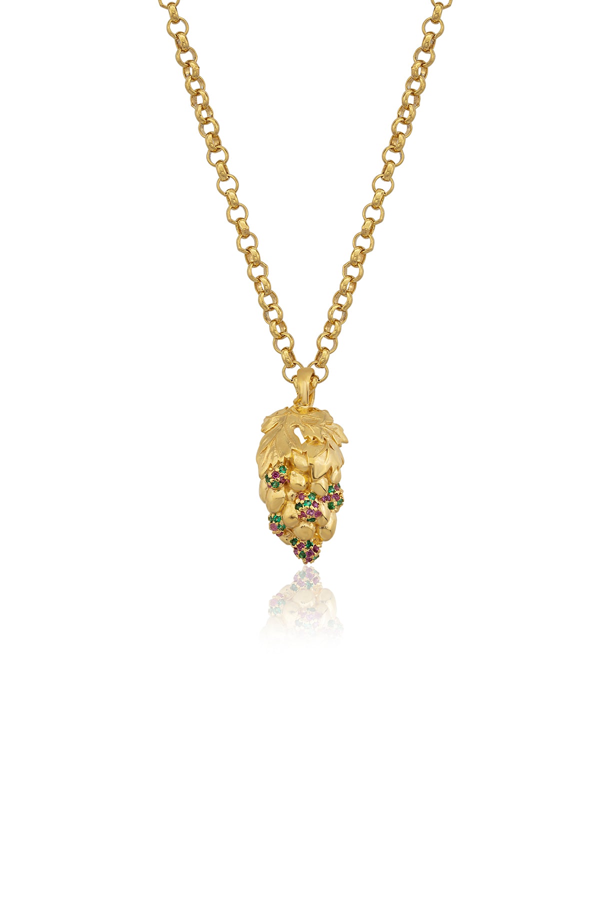 A gold-plated bronze necklace with a skull pendant adorned with silver Swarovski crystals, on a gold chain.