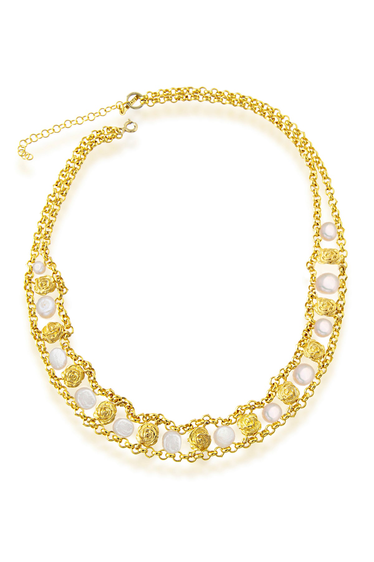 A gold-plated necklace with silver genuine baroque pearls, featuring a length of 30 + 5 cm.