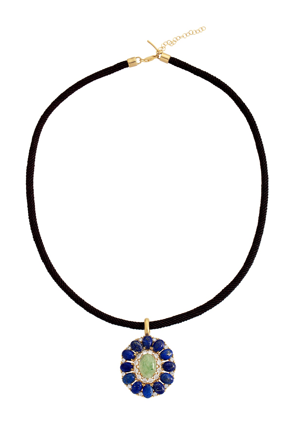 Necklace with a black cord and a pendant featuring blue and green stones on a white background