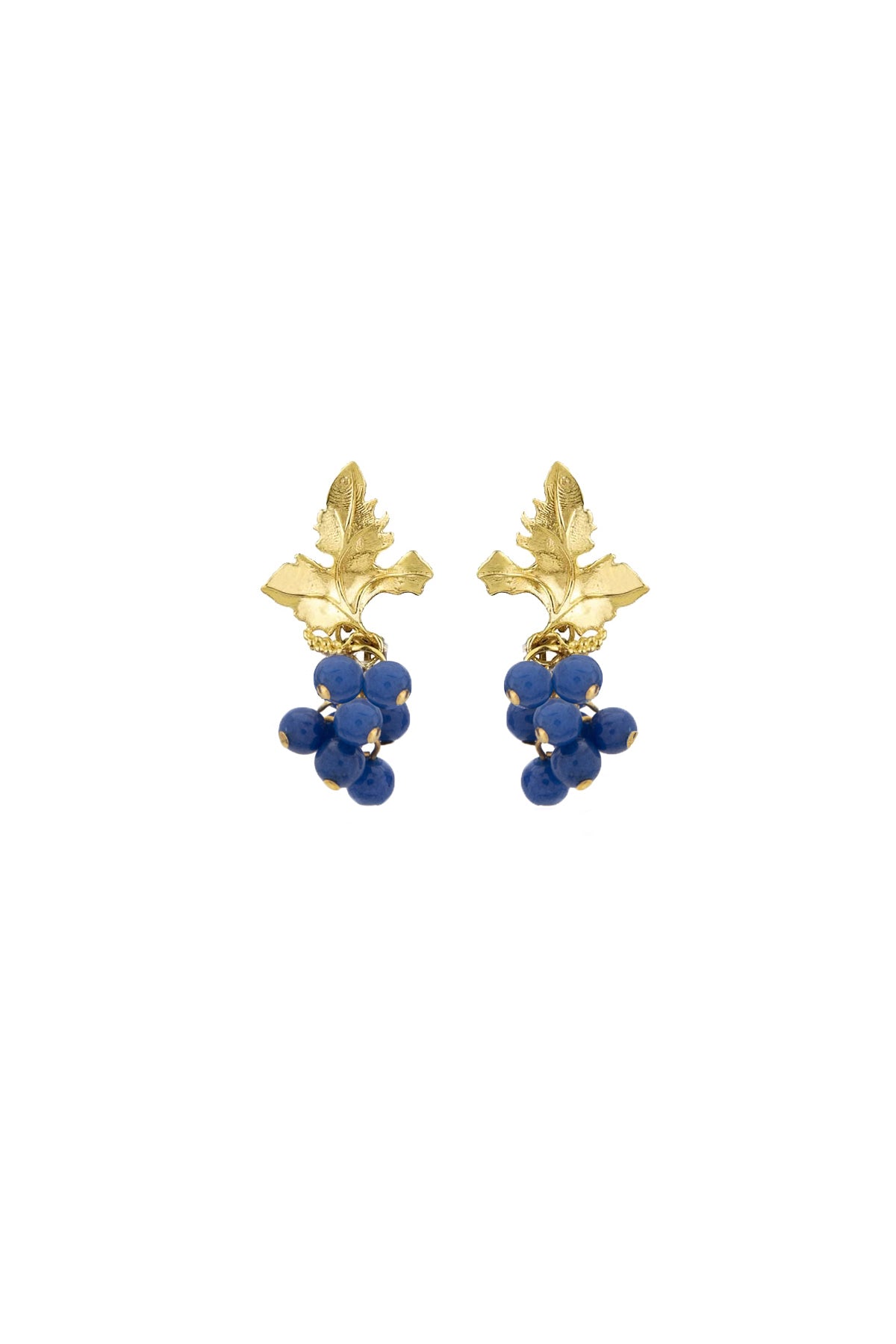 A pair of gold-plated earrings featuring leaf-shaped designs with blue jade stones.