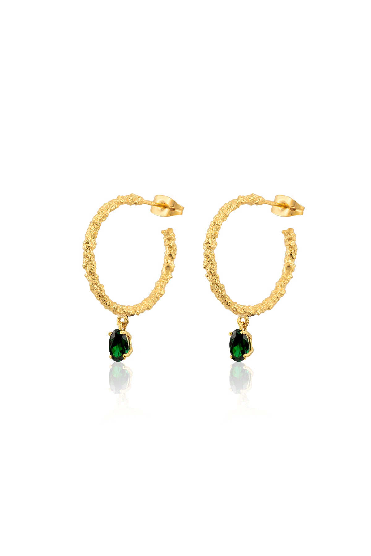 A pair of gold-colored hoop earrings with blue stones attached to the bottom, closed with a pin clasp.