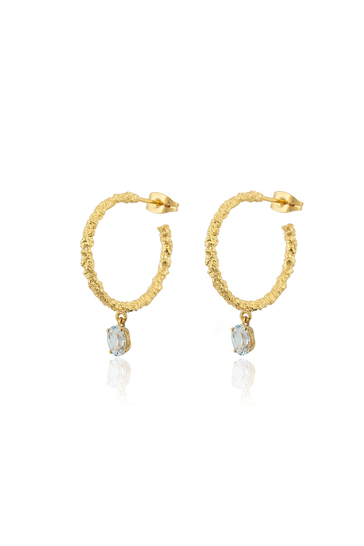 A pair of gold-colored hoop earrings with blue stones attached to the bottom, closed with a pin clasp.