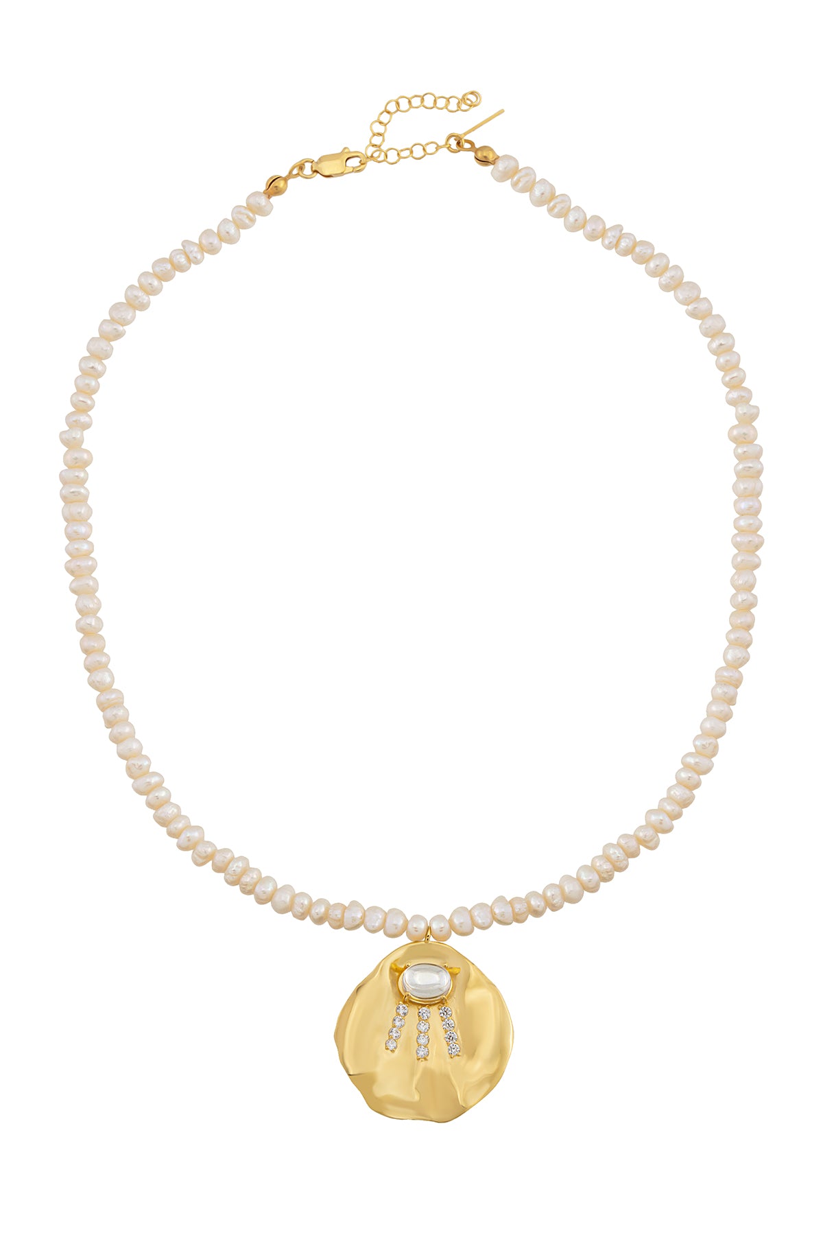 A gold-plated necklace with baroque pearls and a central gold charm featuring Swarovski crystals, with an adjustable gold chain.