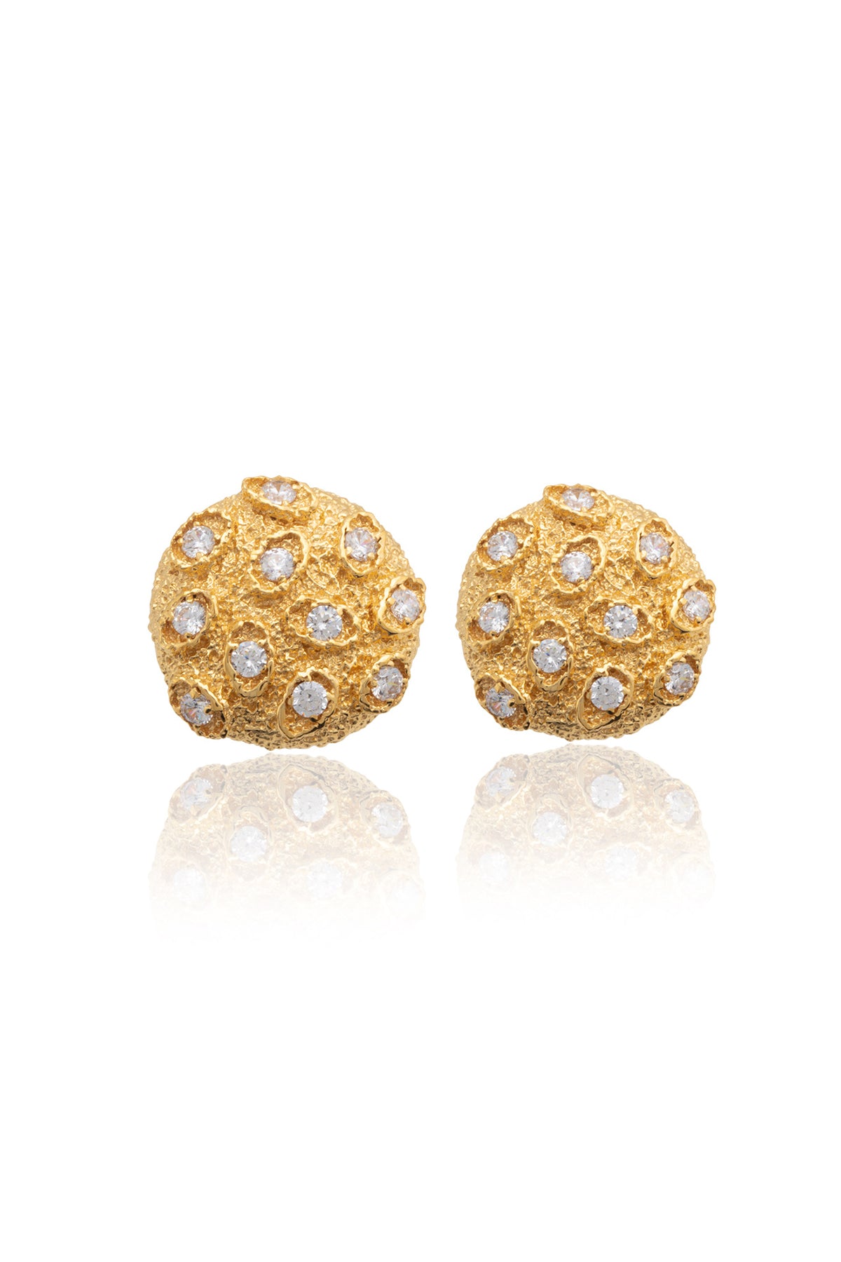A pair of gold-plated bronze earrings with swarovski crystals, round in shape, with a pin closure.