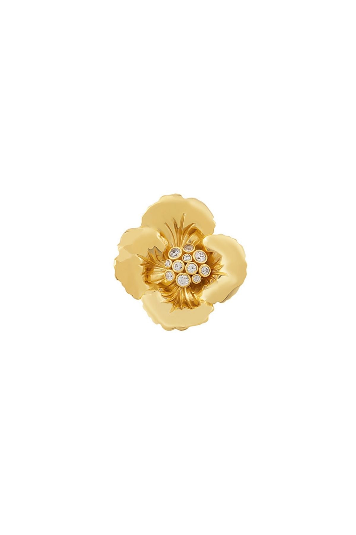 Gold flower-shaped earring with embedded stones on a white background