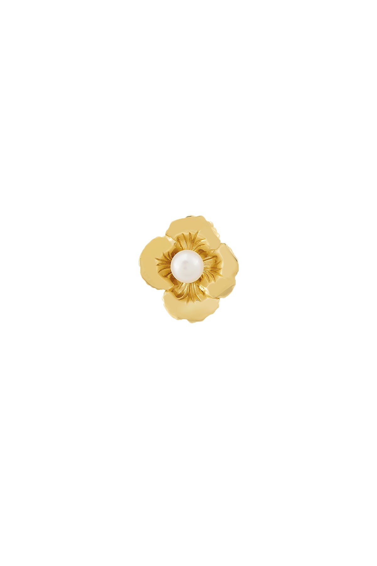 A gold-colored floral brooch with a central white pearl