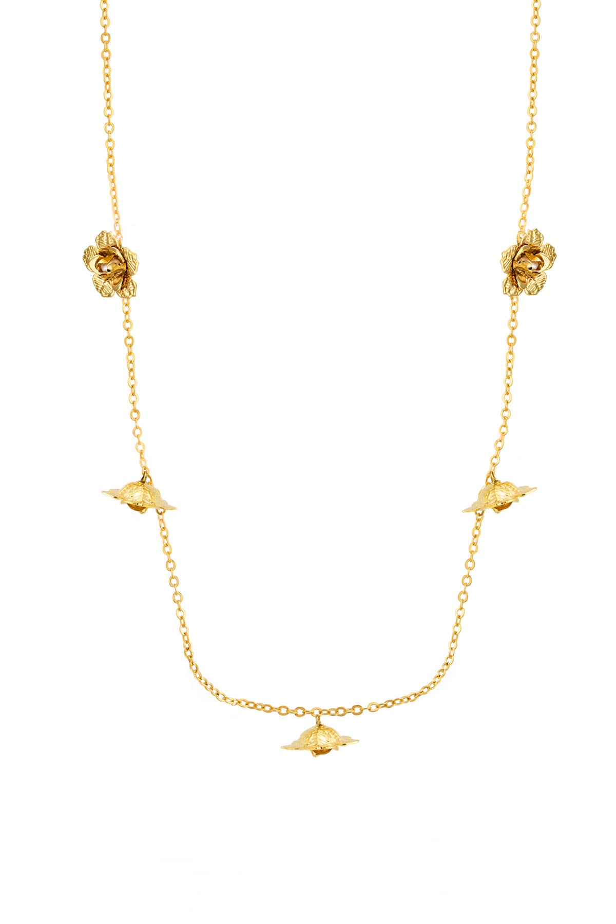 A gold-plated bronze necklace with a series of rose-shaped pendants and a longer chain.